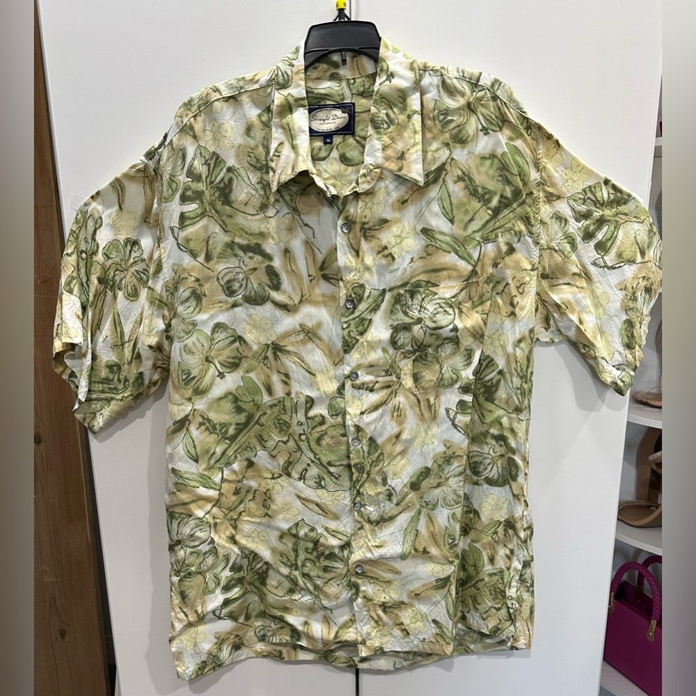 Straight Down Vintage XL Short Sleeve Green Hawaiian Tropical Leaf Cruise Resort